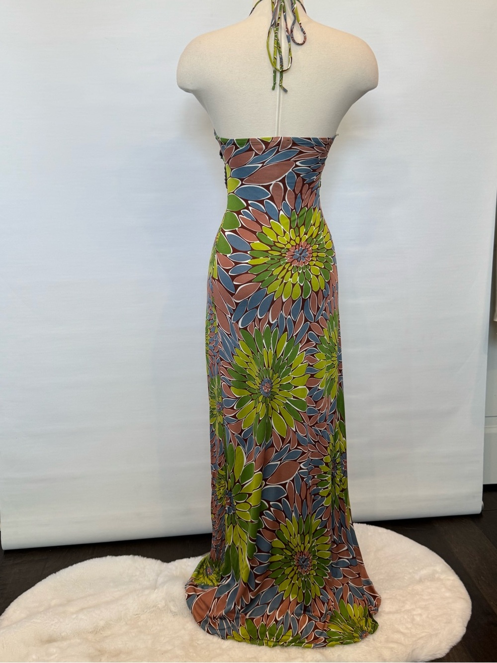 SKY NWT 100% Silk Green Brown Crochet Belt Keyhole Halter Maxi Gown Slip Dress - Picture 6 of 9